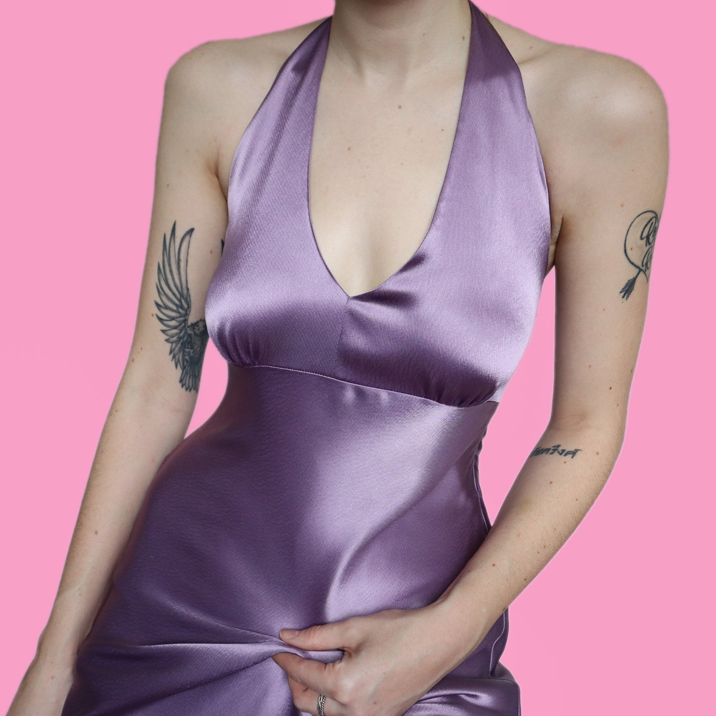 Stunning silky lilac halter neck evening dress UK 10