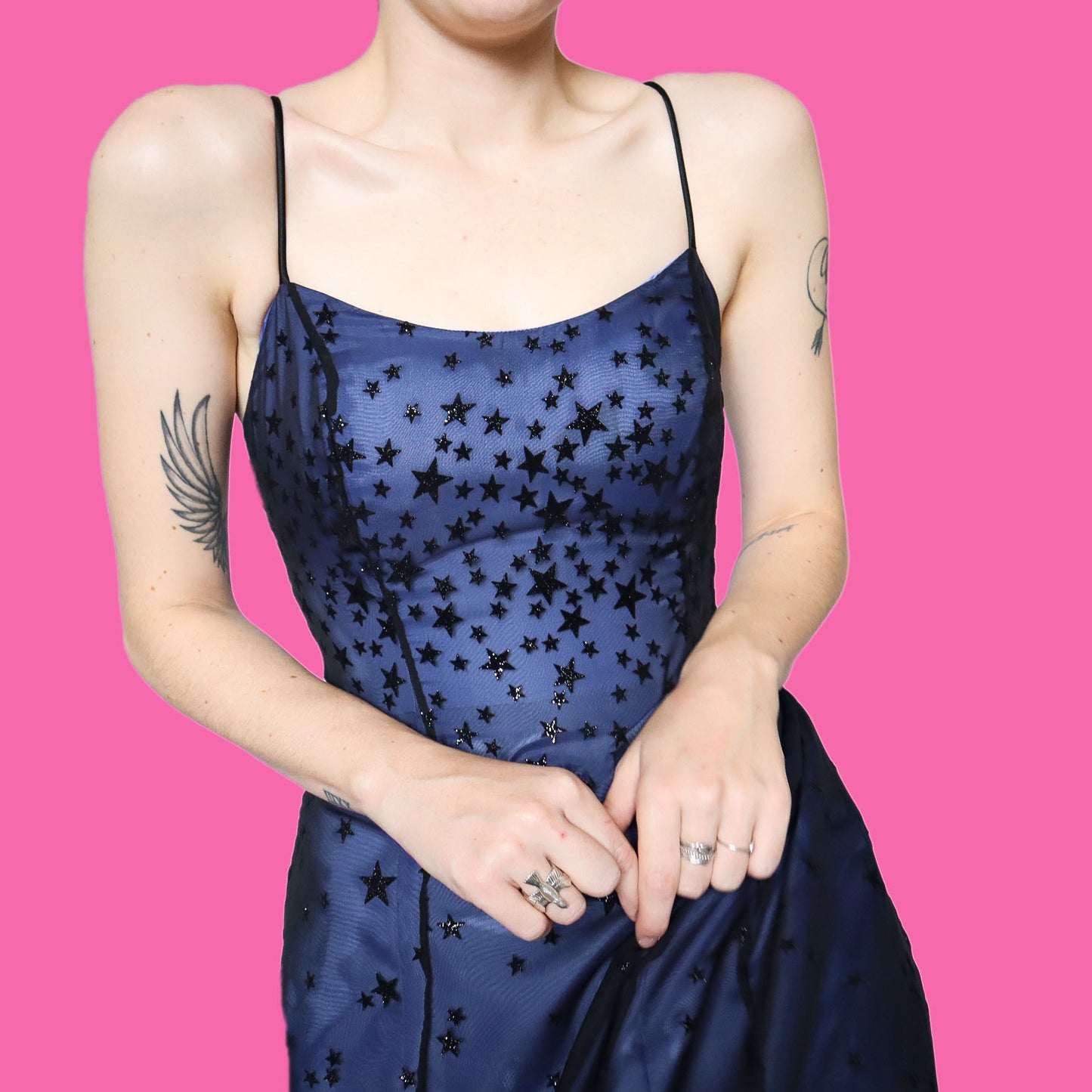 Blue glittery star print a-line prom dress UK 10