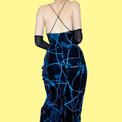 Blue silk blend velvet slip evening dress UK 10