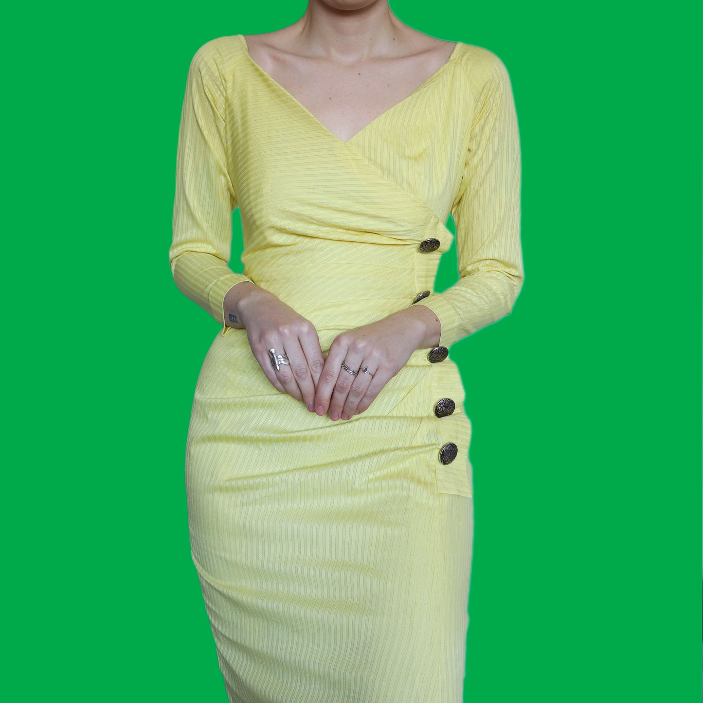 Beautiful bright yellow stripe long sleeve evening dress UK 12