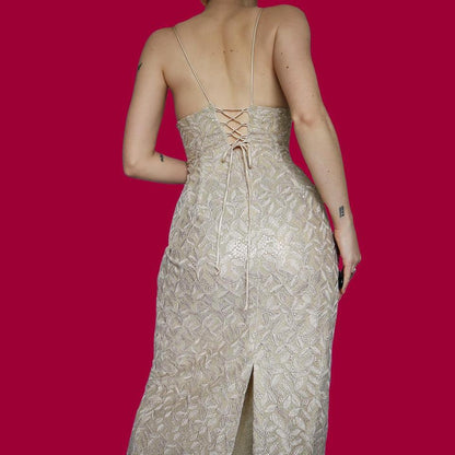 Champagne lace & sequin evening dress & shawl UK 16