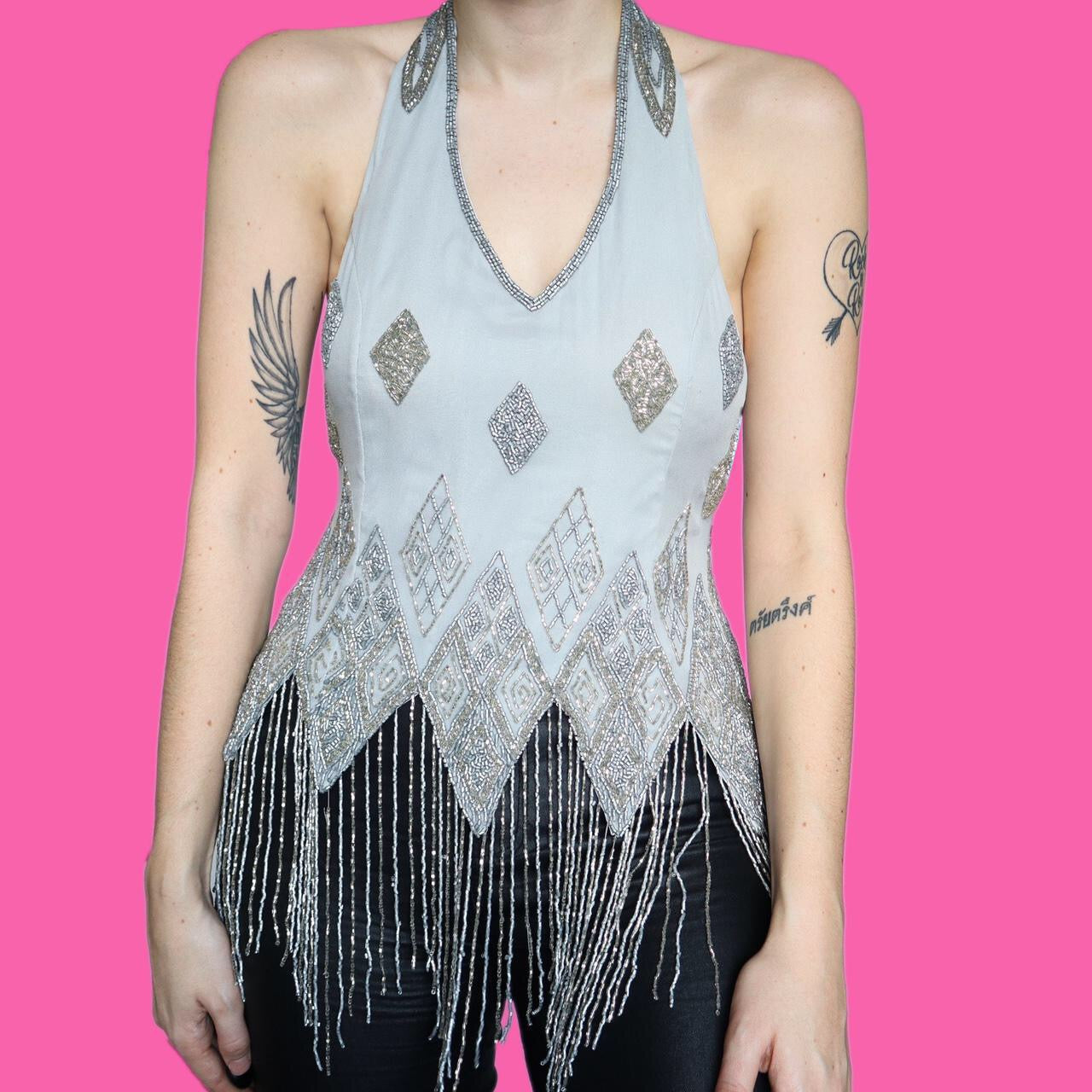 Beautiful 100% silk grey beaded tassel top UK 14