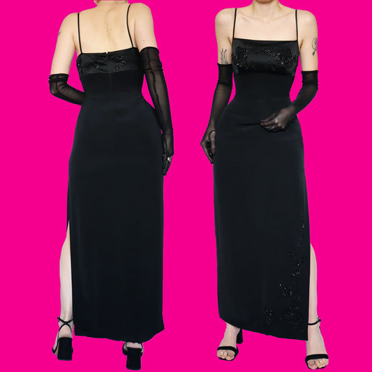 Black beaded fitted evening dress UK 12 & UK 16