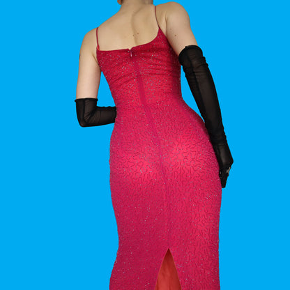 Fuchsia pink Marina beaded evening dress UK 12-14