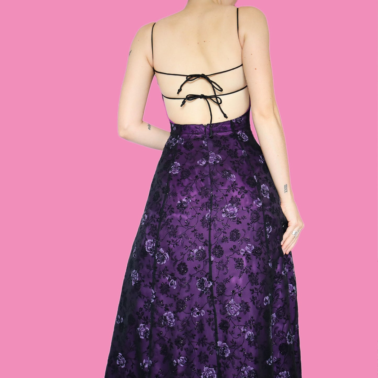 Purple glittery floral a line prom dress UK 8