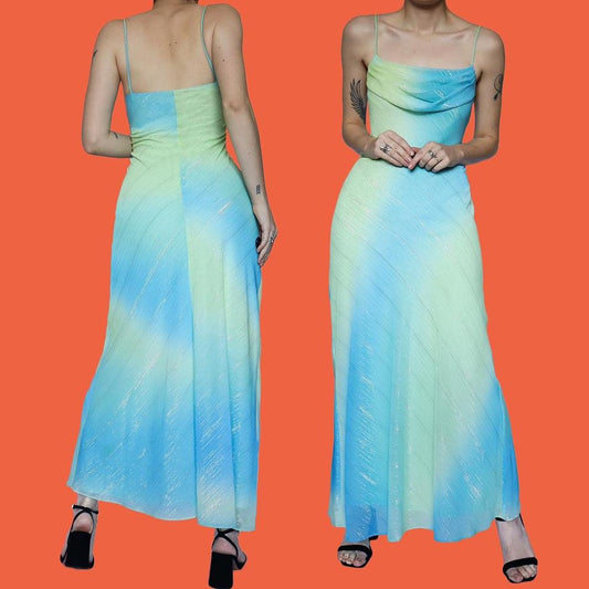 Green & blue glittery slip evening dress UK 12