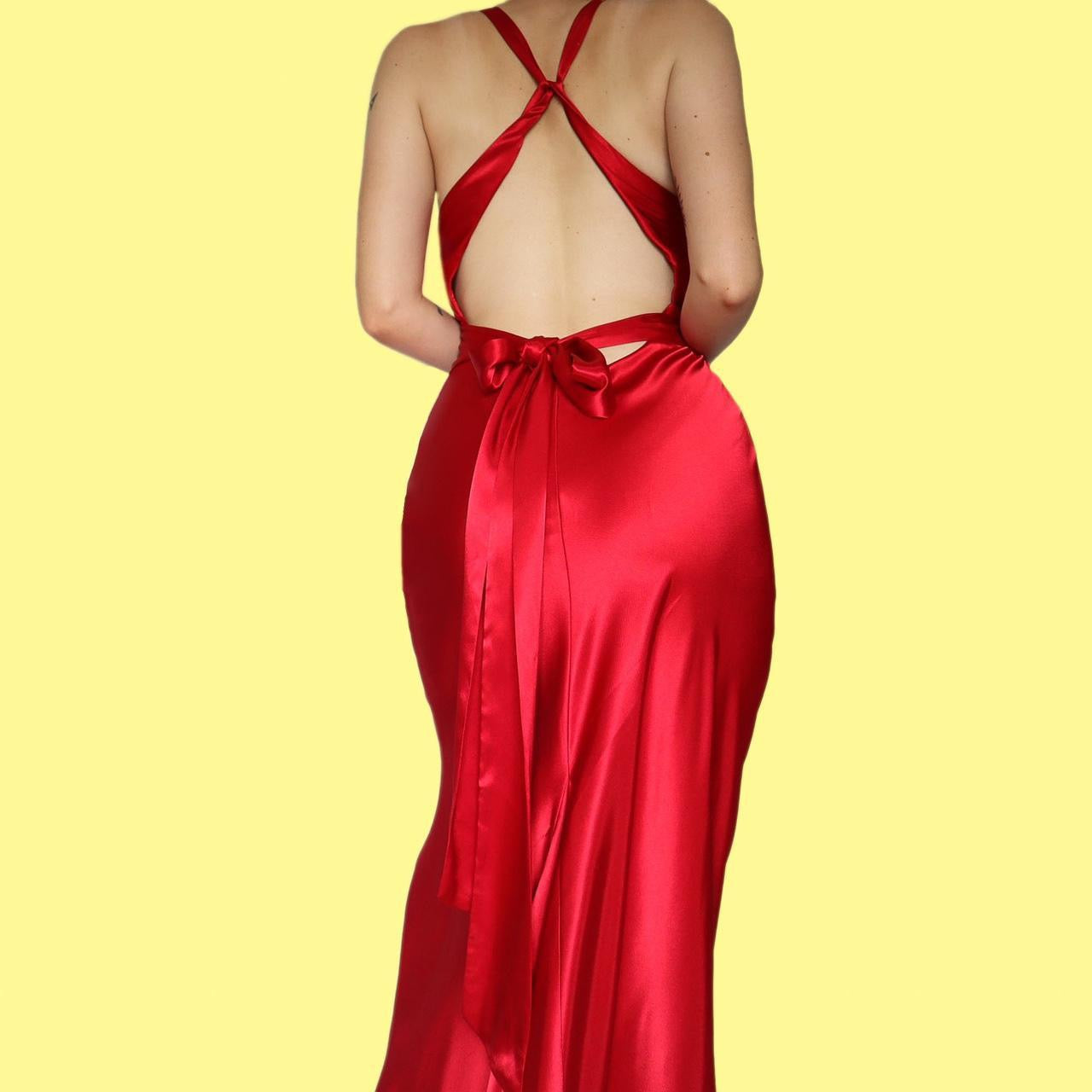 Red satin open back evening dress UK 14