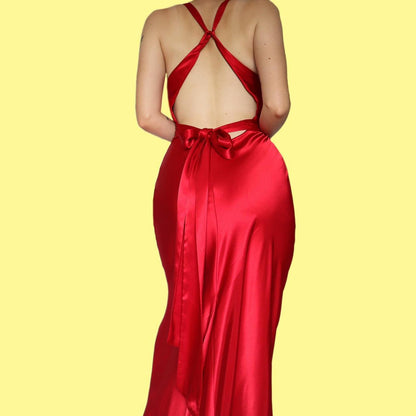 Red satin open back evening dress UK 14