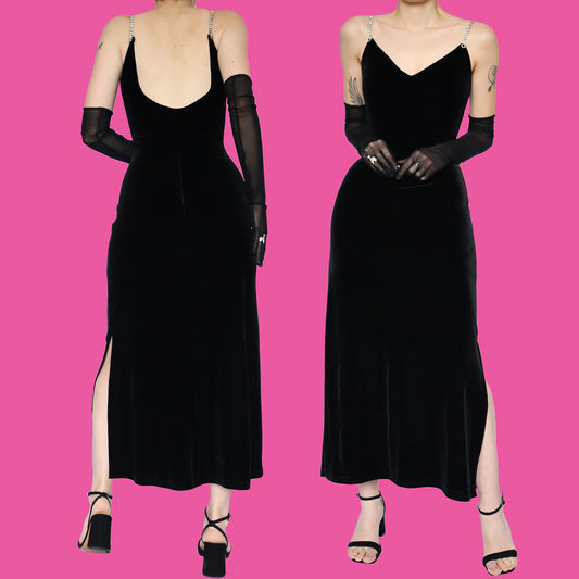 Black velvet diamanté evening dress UK 10