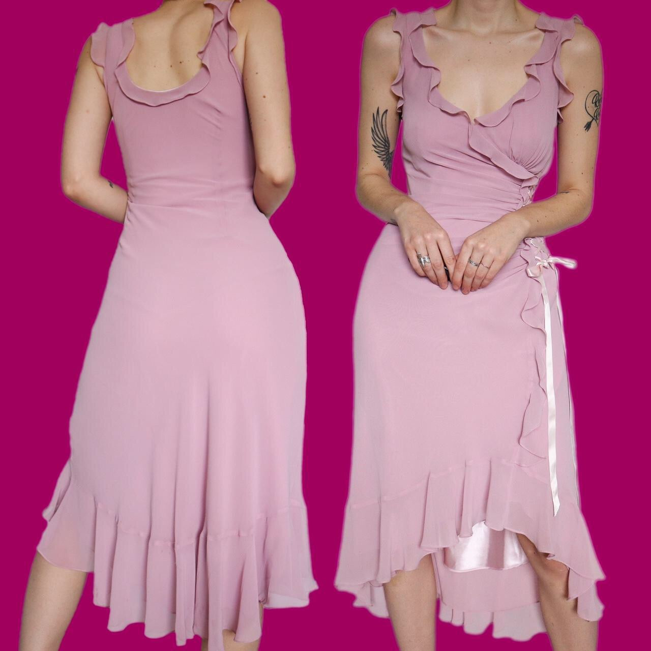 Cute dusky pink frilly midi evening dress UK 10