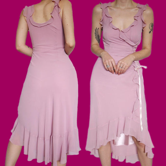 Cute dusky pink frilly midi evening dress UK 10