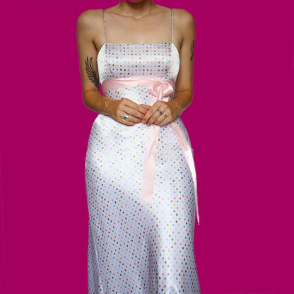 White Dave & Johnny polka dot print satin evening dress UK 10