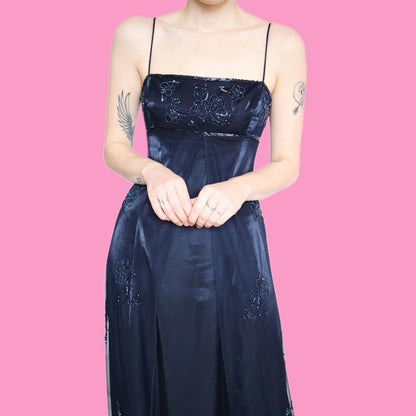 Stunning navy silky beaded evening dress UK 14
