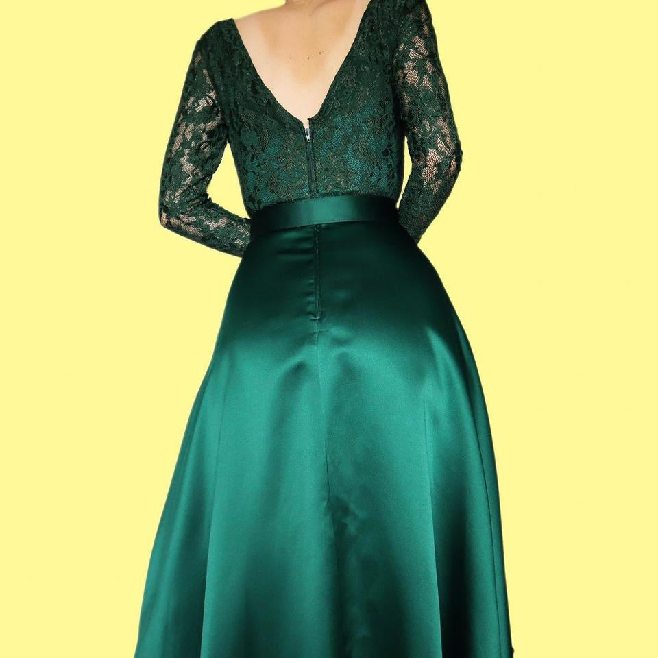 Green lace long sleeve a line evening dress UK 10