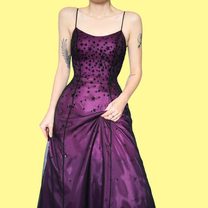 Purple glittery star print a line prom dress UK 6