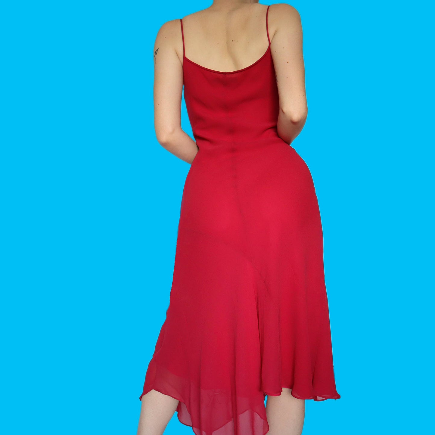 Red 100% silk slip midi dress UK 12