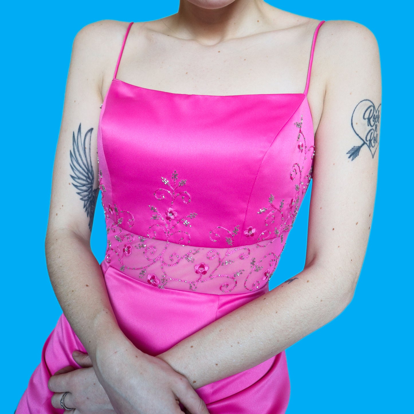 Stunning fuchsia pink sheer detail evening dress UK 12