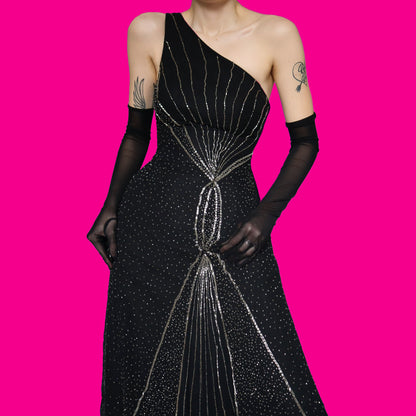 Black one shoulder beaded evening dress UK 12