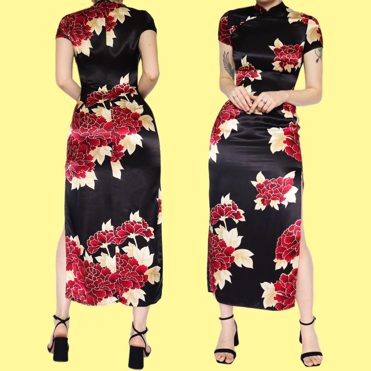 Beautiful silky black floral evening dress UK 10 & UK 14