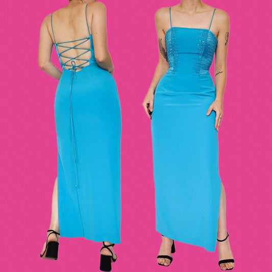 Sapphire beaded lace up back evening dress UK 10