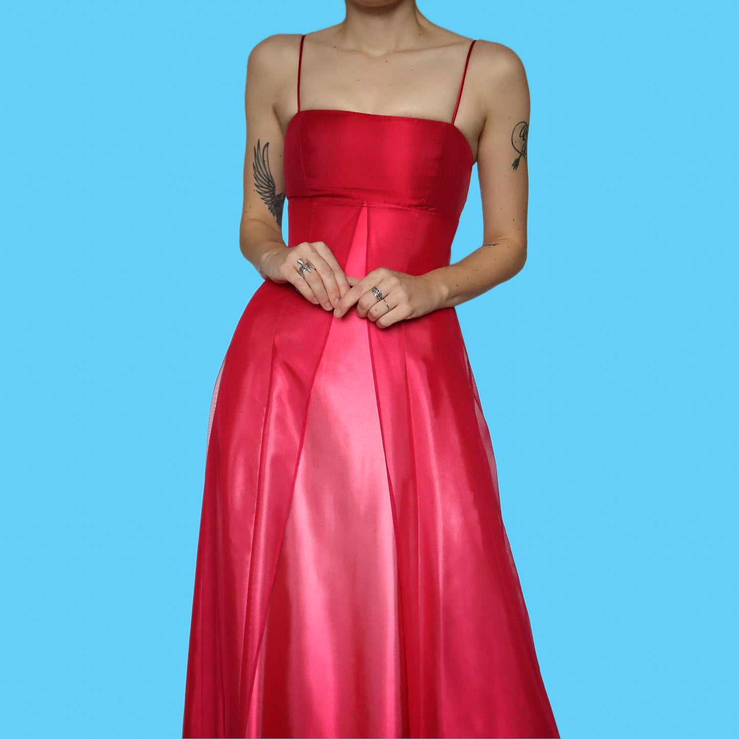 Red satin ombré evening dress UK 8