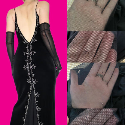 Chic black velvet beaded evening dress UK 10