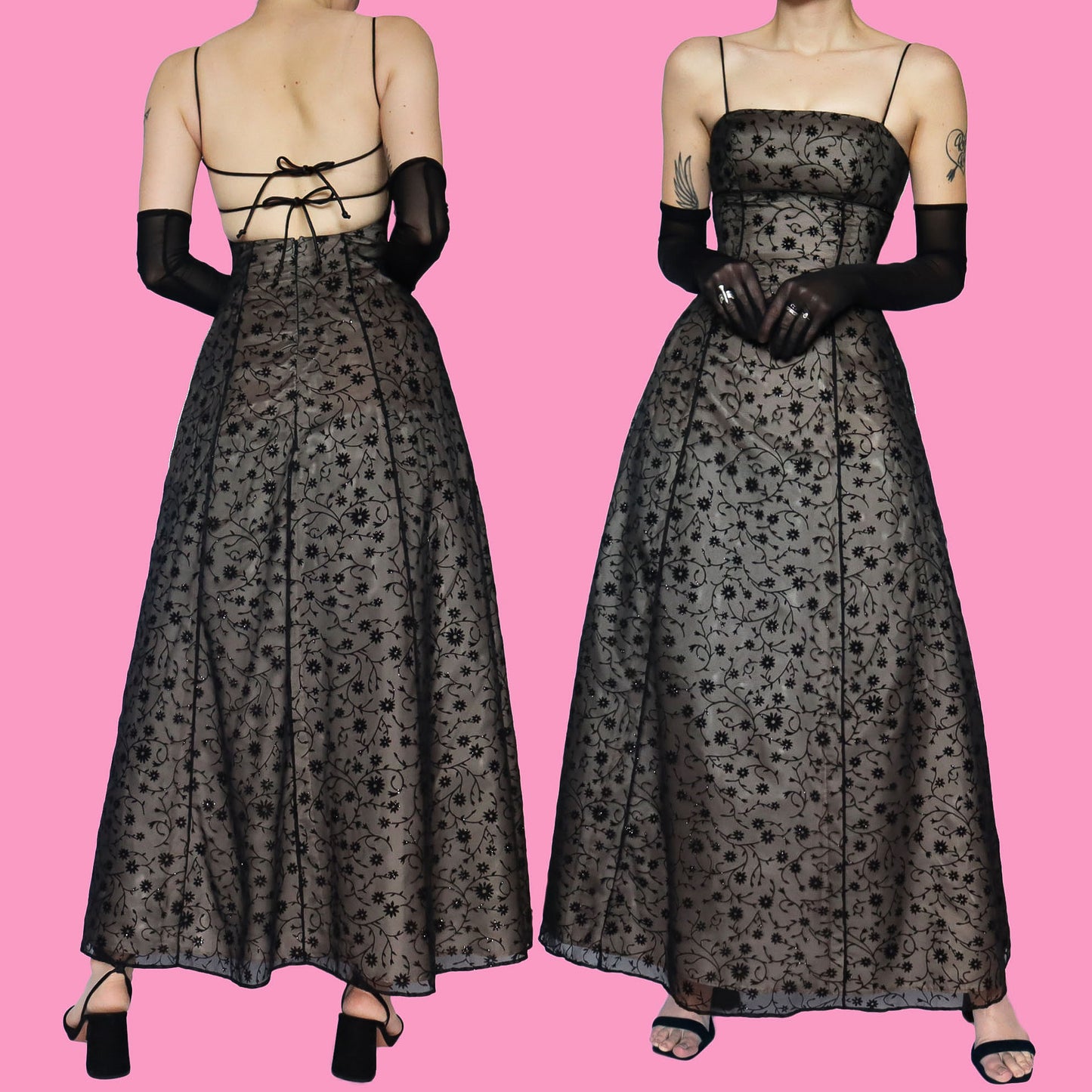 Black glittery floral a line prom dress UK 6