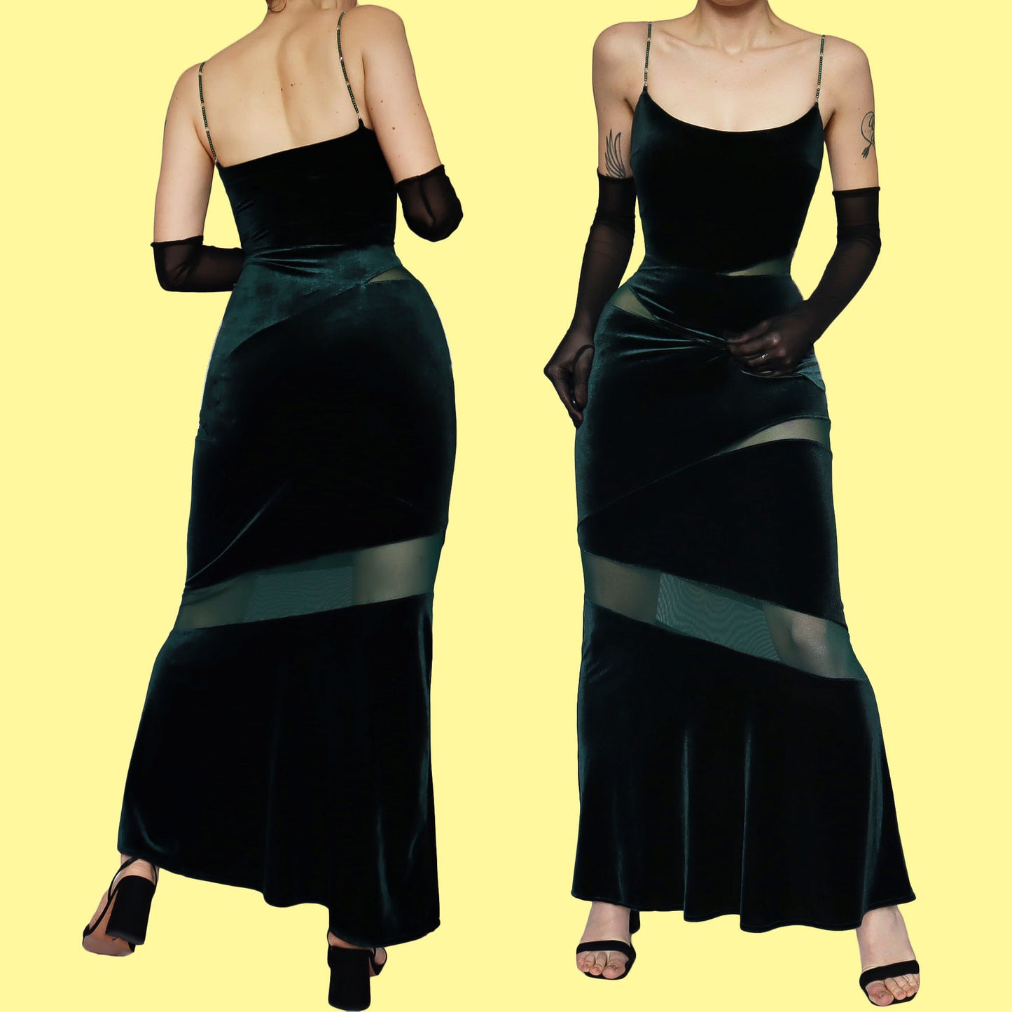 Green velvet cut out evening dress UK 14