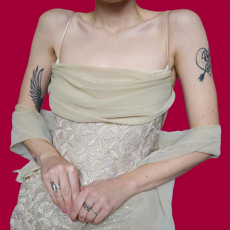 Champagne lace & sequin evening dress & shawl UK 16