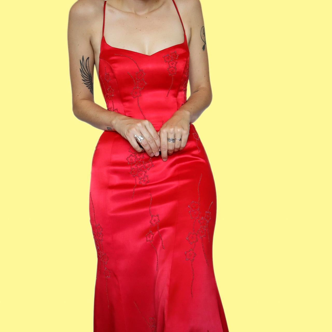 Red beaded open back evening dress UK 8