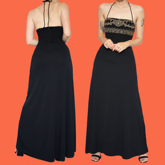 Beautiful black stretch a line halter-neck evening dress UK 12