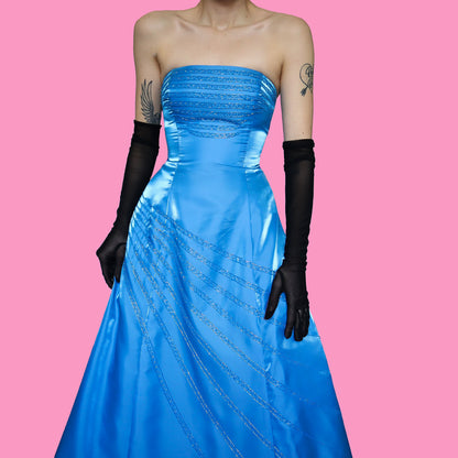 Bright blue strapless a line evening dress UK 10