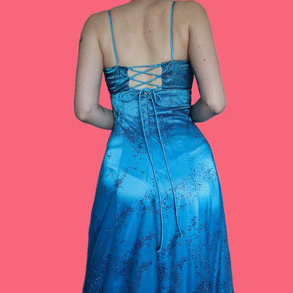 Beautiful Morgan & Co silky blue glitter evening prom dress UK 8