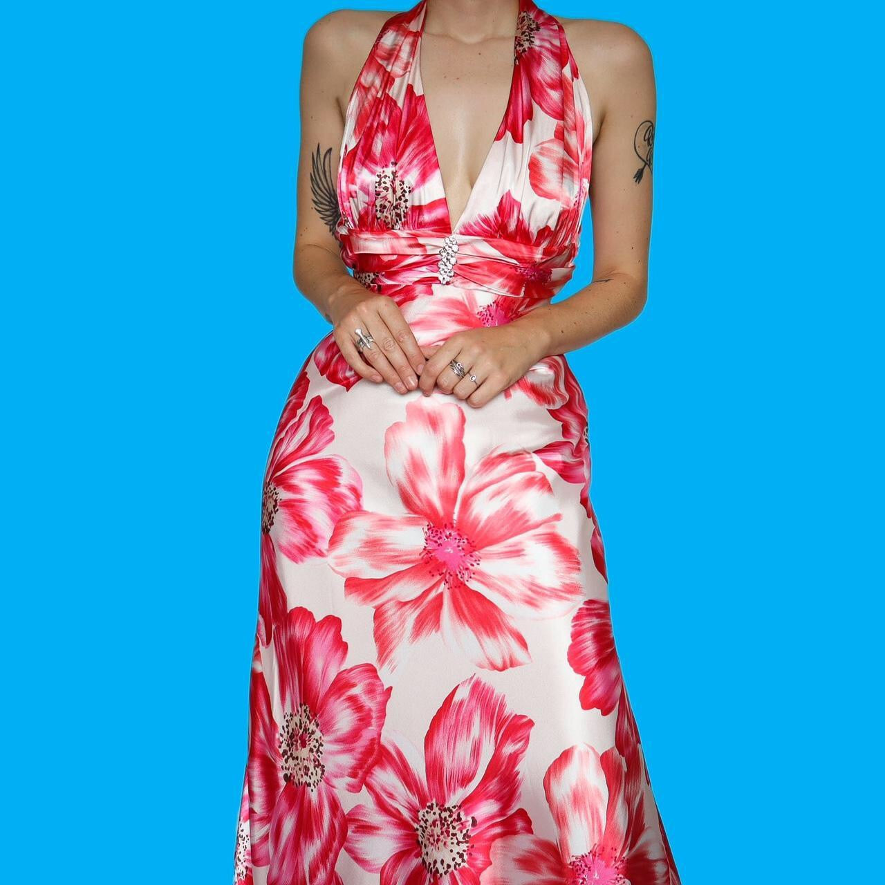 Beautiful white/pink floral satin evening dress UK 12