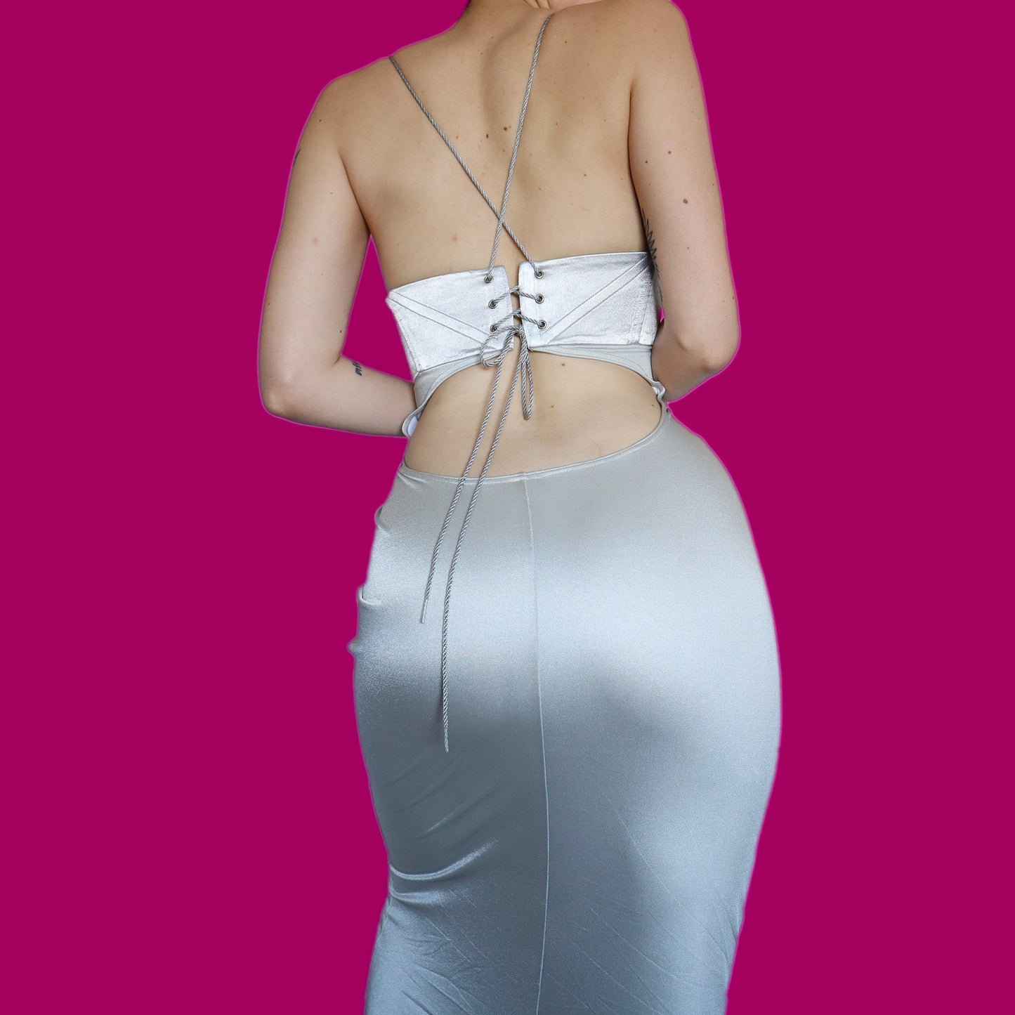 Beautiful Dawn Stretton silver evening dress UK 10