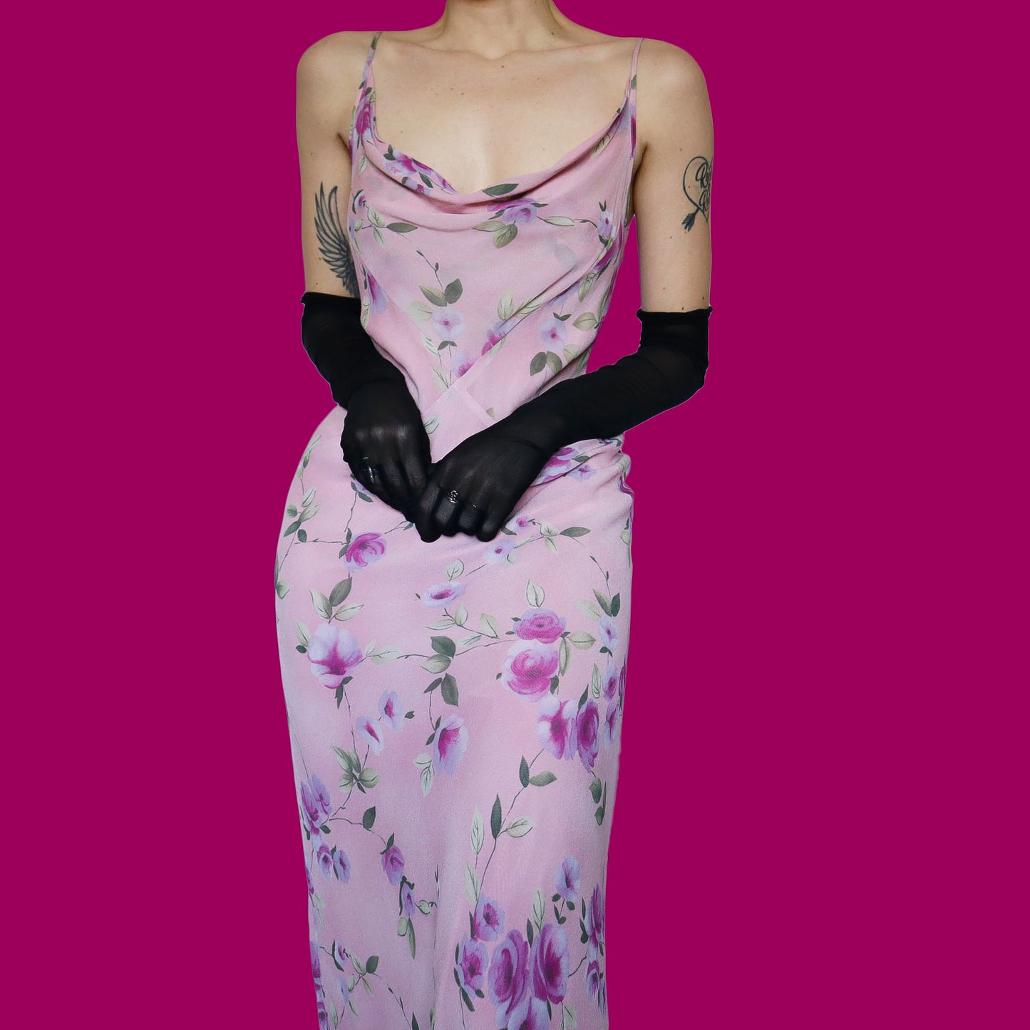 Pink floral slip evening dress UK 14