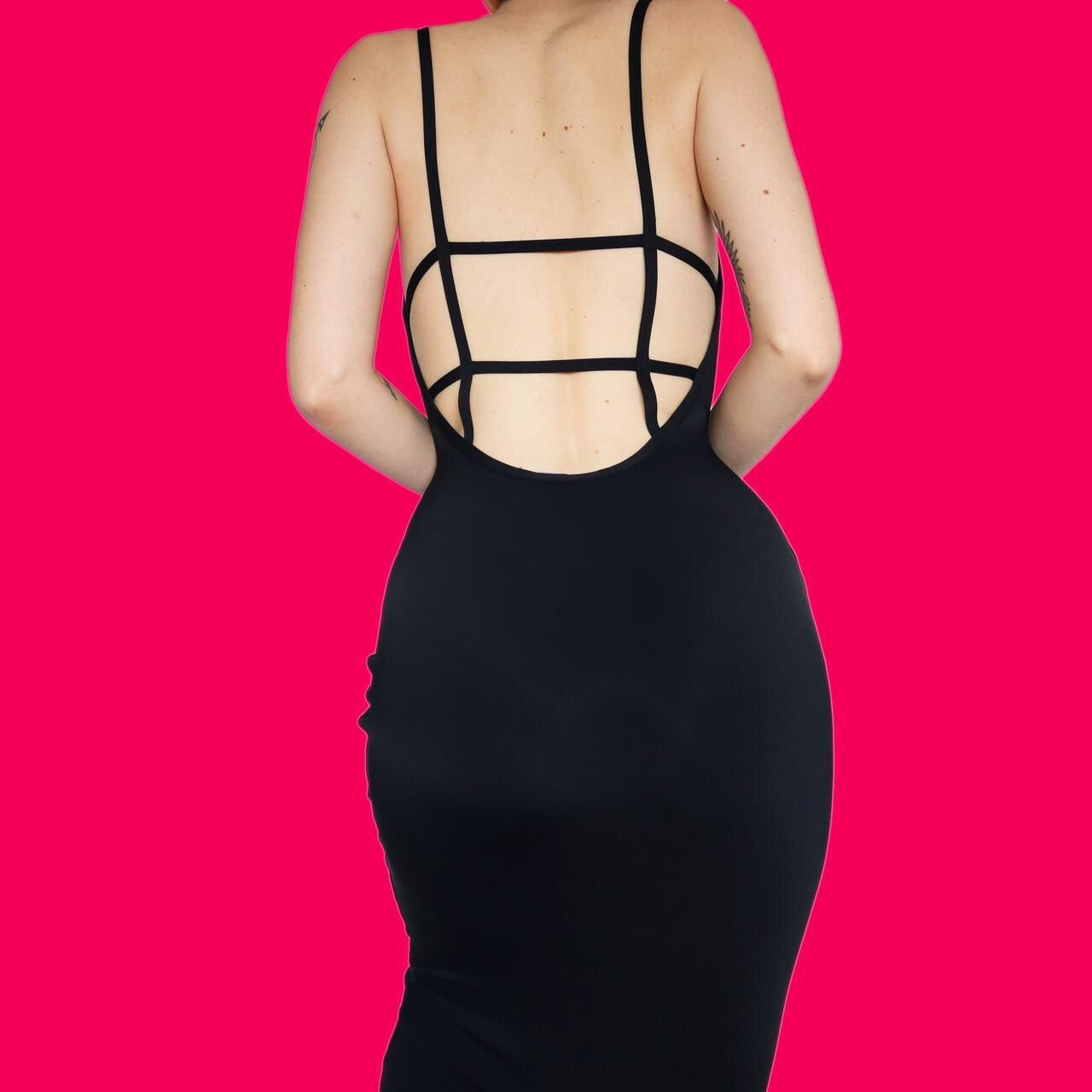 Super chic black stretch bodycon midi dress with caged back UK S