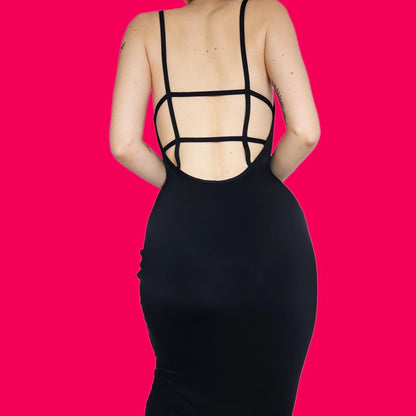 Super chic black stretch bodycon midi dress with caged back UK S