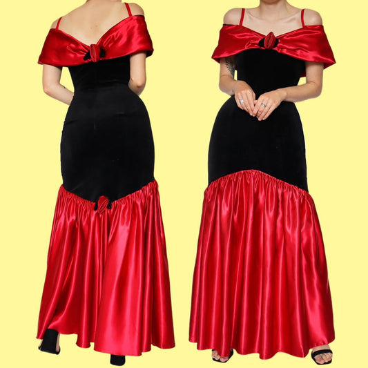 Beautiful black & red cold shoulder velvet evening dress UK 12