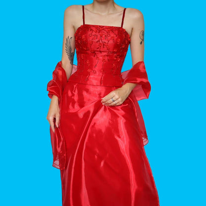 Beautiful YVE red silky 3 piece top, skirt & shawl evening set UK 8