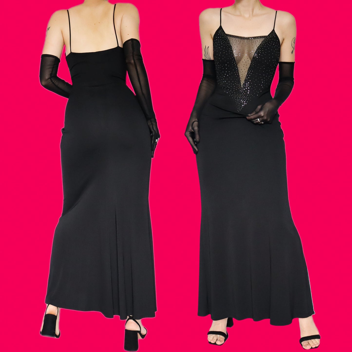 Black stretch low cut gem evening dress UK 10