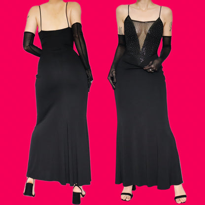Black stretch low cut gem evening dress UK 10