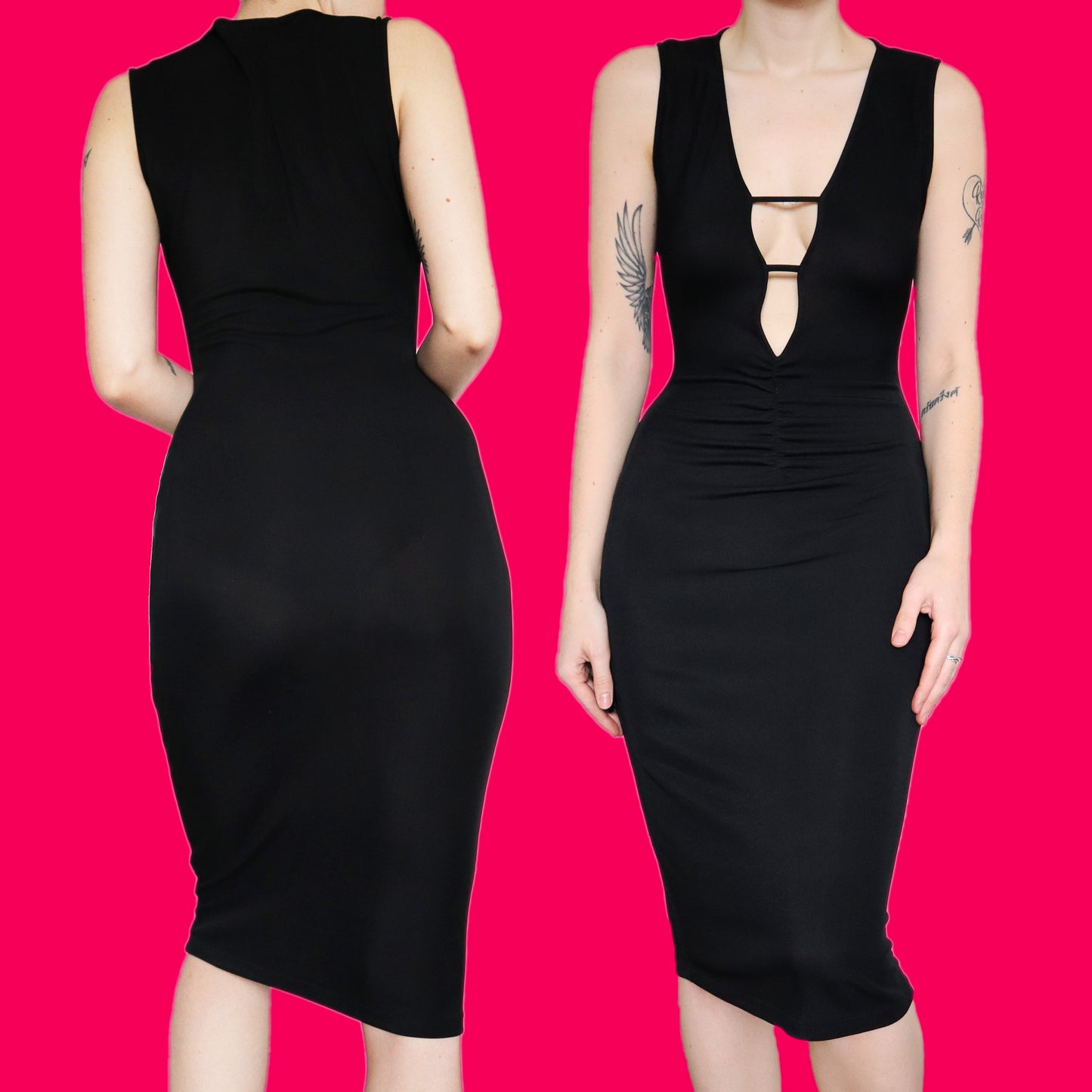 Sexy black stretch low cut midi dress UK 12