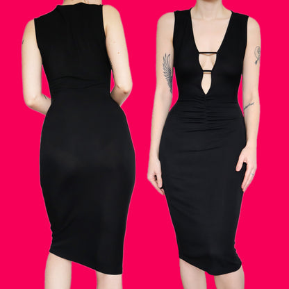 Sexy black stretch low cut midi dress UK 12