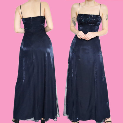 Stunning navy silky beaded evening dress UK 14