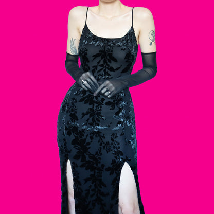 Silk blend black velvet devore evening dress UK 14