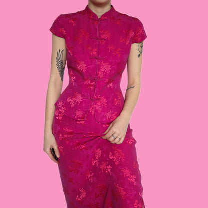 Beautiful bright pink silk blend floral 2 piece top & skirt set UK 14