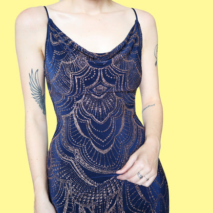 Navy stretch glitter slip evening dress UK 8
