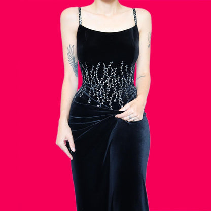 Black velvet sequin slip evening dress UK 12
