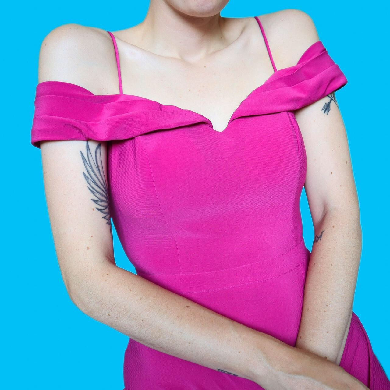 Beautiful fuchsia pink stretch cold shoulder evening dress UK 12